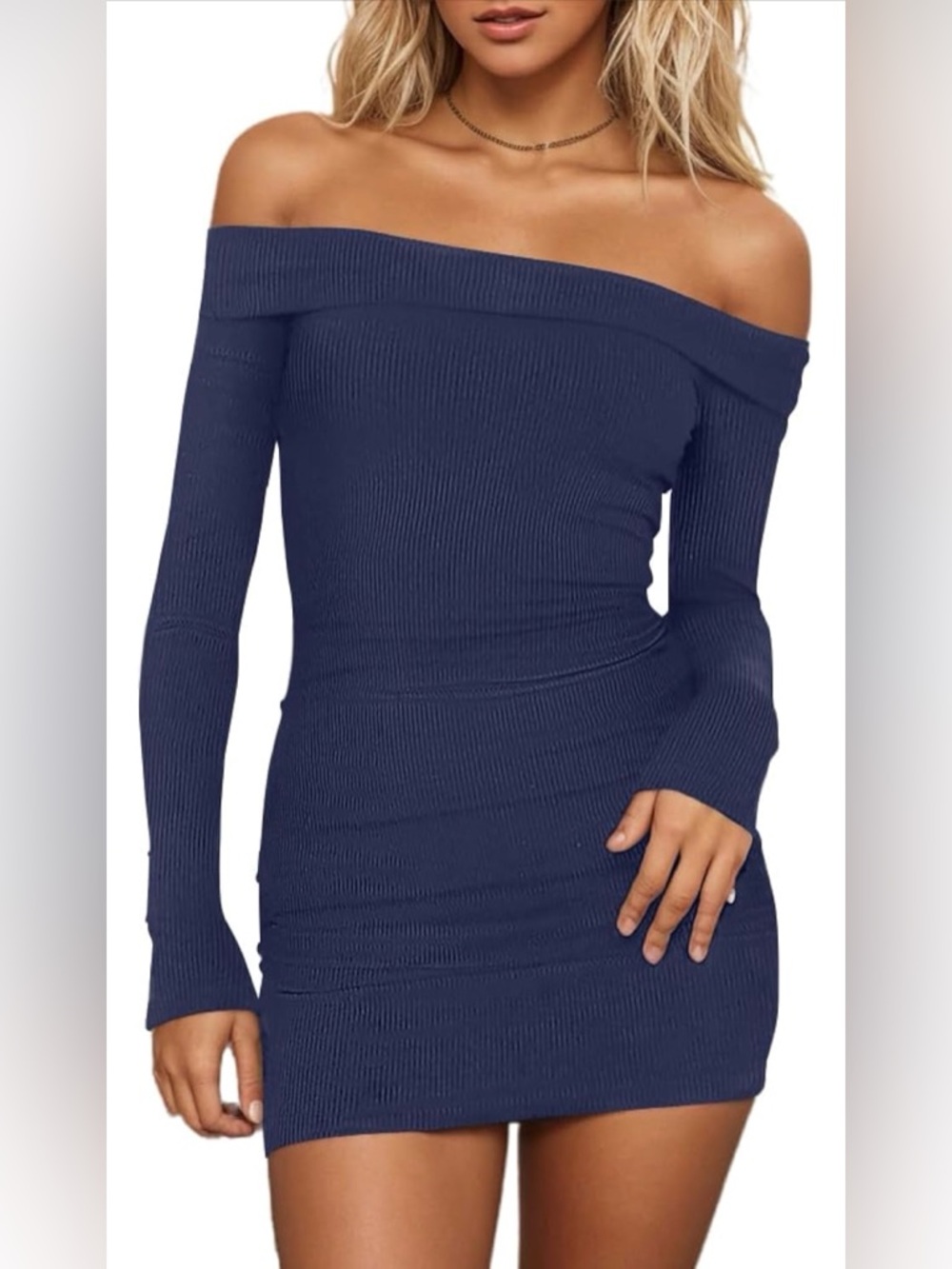 HYPERFIRE Women's Sexy Elegant Off The Shoulder Ribbed Long Mini Dresses  Size L